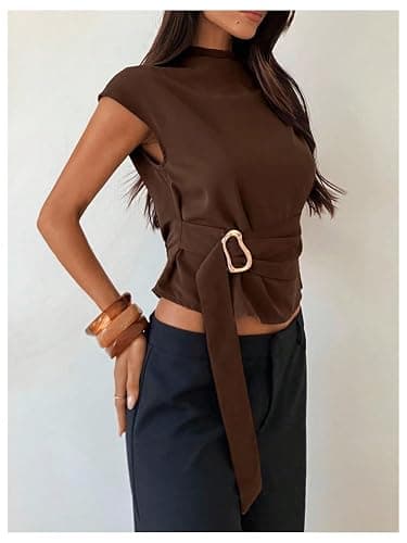 Floerns Women's Buckle Tie Elegant Blouse Mock Neck Shirts Cap Sleeve Business Casual Tops thumbnail 4