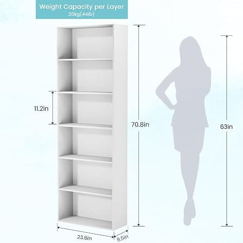 GRUSIGN 71" Tall 6-Tier Bookshelf, Large Open Display Bookcase with Ample Storage, Floor Standing Book Shelf for Living Room, Home Office, Bed Room, White thumbnail 2