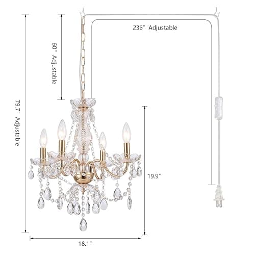 AMZASA Plug in Crystal Chandelier,French Country Gold Crystals Chandelier Pendant Lighting, 5 Light Glass Crystal Light for Living Room, Wedding, Island, Bedroom, Hallway,Foyer,Electroplating thumbnail 3