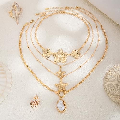 Gold Hibiscus Flower Statement Necklaces Chunky Big Flowers Floral Pearl Starfish Charms Layered Beach Beachy Vacation Choker Necklace Jewelry for Women thumbnail 6