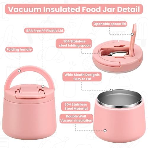 14oz Insulated Vacuum Food Jar with Buckle Lid,Soup Thermo for Hot Food Kids,Wide Mouth Leakproof Stainless Steel Lunch Container with Spoon-Pink thumbnail 3