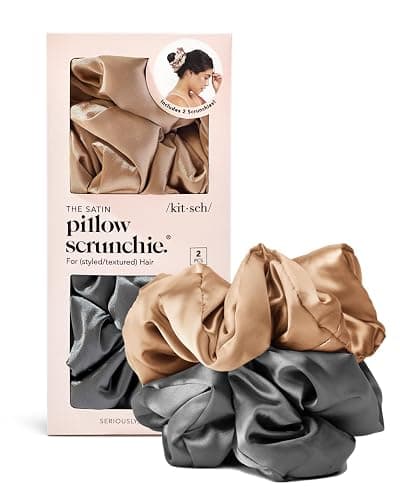 Kitsch Satin Scrunchies for Women - No Crease Hair Ties for Girls | Big Scrunchies for All Hair Types and Textures, Perfect for Day or Night | Ideal Gifts for Women - 2 Pcs, Charcoal and Gold - Image 1