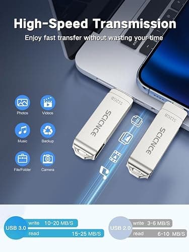 SCICNCE 512GB Flash Drive Intended for iPhone, USB Memory Photo Stick Storage for Photos Videos, Plug and Play No Application Required, Compatible with iPhone iPad Android and Computers (Metal Silver) - 512GB - Metal Silver thumbnail 3