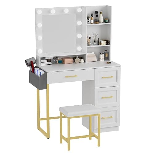 BONITURE Vanity Desk with Mirror, LED Lights and Power Outlet Makeup Vanity Table Set, Makeup Table with Stool 2 Drawers, 3 Color Modes Available for Bedroom,White+Gold thumbnail 9