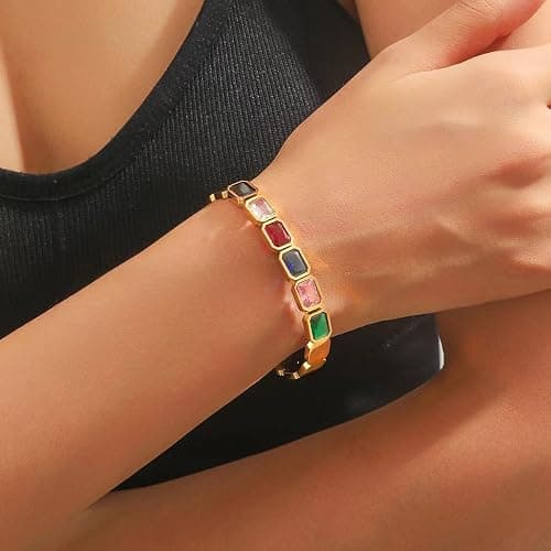 Gold Bangle Bracelets for Women Colorful Chunky Gold Adjustable Cuff Bracelet Jewelry thumbnail 5