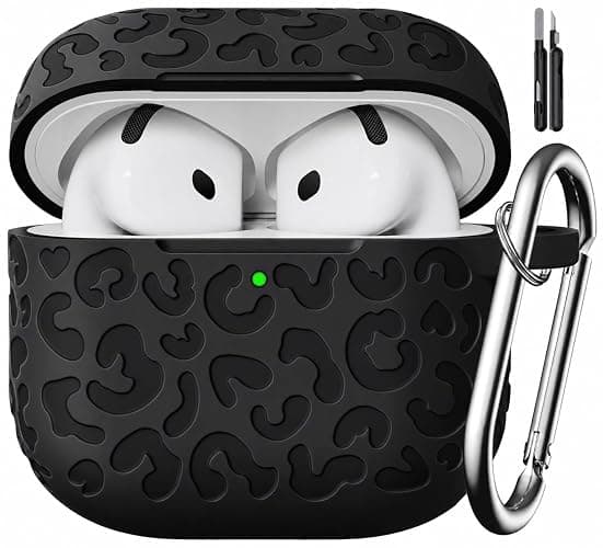 MCTOPZO Leopard Carving for AirPods 4 Case (Black) | Pattern Design Cute Soft Silicone Protective Cover for Man/Women/Girly-with Keychain&Cleaning Kit - Image 1