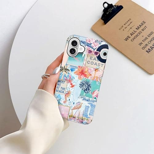 Generic Case Compatible with iPhone 16 Plus,Scratch Resistant Hybrid 2-Layer Hard Shell Phone Case,Seashells Beach Summer Jellyfish Collage thumbnail 7