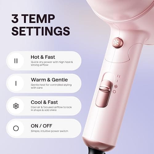 Wavytalk Blow Dryer with Diffuser, Mini Hair Dryer with Folding Handle, 1600W Quiet Lightweight Hairdryer with Diffuser Compact Design, Pinky White thumbnail 6