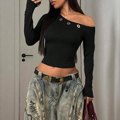 LOFAAC Women Sexy Off Shoulder Metal Ring Decor Long Sleeve Tops Y2K Slim Fit Ruched Grommet Hollow Out Pullover Top thumbnail 4