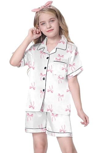 Schbbbta Girls Womens Pajamas, Satin Silky Pjs Set Kids 2Pcs Button-Down Nightwear Sleepwear Gift for Mommy and me thumbnail 2