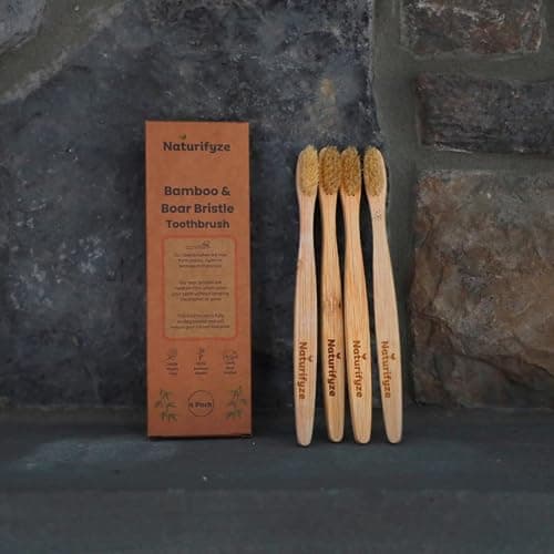 Naturifyze Boar Bristle & Bamboo Toothbrush (4 Pack) - Authentic Boar Bristles - Biodegradable - Plastic Free - Bamboo & Boar Bristle thumbnail 7