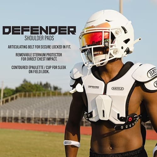 Battle Sports Defender Football Shoulder Pads – The Lightest, Most Protective in Its Class – Aerospace Grade Materials, Ventilated Design, Removable Sternum Plate, Foam Neck Roll thumbnail 2