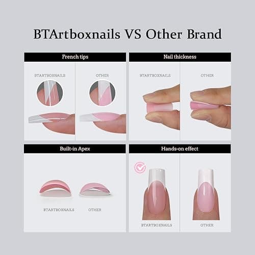 BTArtboxnails XCOATTIPS French Tip Nails - Short Press On Nails, 160 Pcs Pink Square Soft Gel Nail Tips Pre-applied Tip Primer & Base Coat, No Need File False Nails for Gift, 16 Sizes thumbnail 5