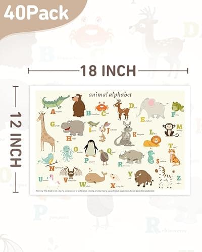 Babebay Disposable Stick-on Placemats 40 Pack for Baby & Kids & Toddler, Sticky Placemats Restaurant Table Mats 12" x 18" (Animal Alphabet) thumbnail 2