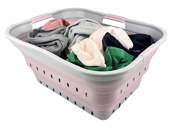 SAMMART 42L (11 gallon) Collapsible Plastic Laundry Basket - Foldable Pop Up Storage Container/Organizer - Portable Washing Tub - Space Saving Hamper/Basket (Grey/Pale Pink) thumbnail 6