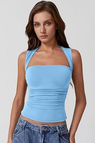 QINSEN Womens Square Neck Tank Tops Side Ruched Double Lined Slim Fit Summer Going Out Crop Top thumbnail 5