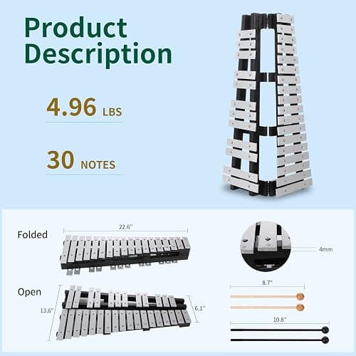 Heuyrao 30 Notes Foldable Glockenspiel Xylophone, Percussion Instrument Kit for Adults and Kids- Includes 4 Mallets and Carrying Bag thumbnail 2