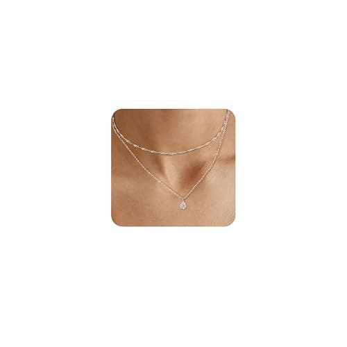 ACECHA Silver Layered Necklaces for Women, Dainty Singapore Chain Choker Necklace with Simple Diamond Pendant Trendy Charm Jewelry Gifts - Image 1