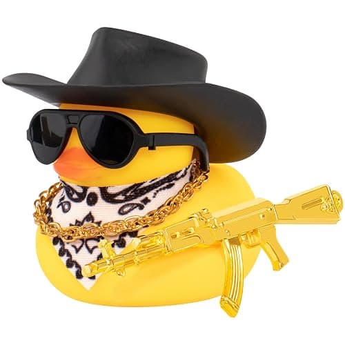 wonuu Rubber Duck Car Ornaments Duck Car Dashboard Decorations for Cool Car Accessories with Cowboy Hat Necklace and Sunglasses, A_Black Cowboy hat - Image 1