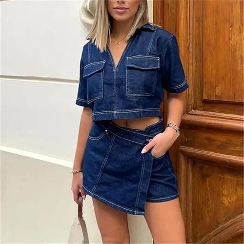 Women's Short Sleeve Cropped Shirt Summer Streetwear Office Denim Shirt thumbnail 3