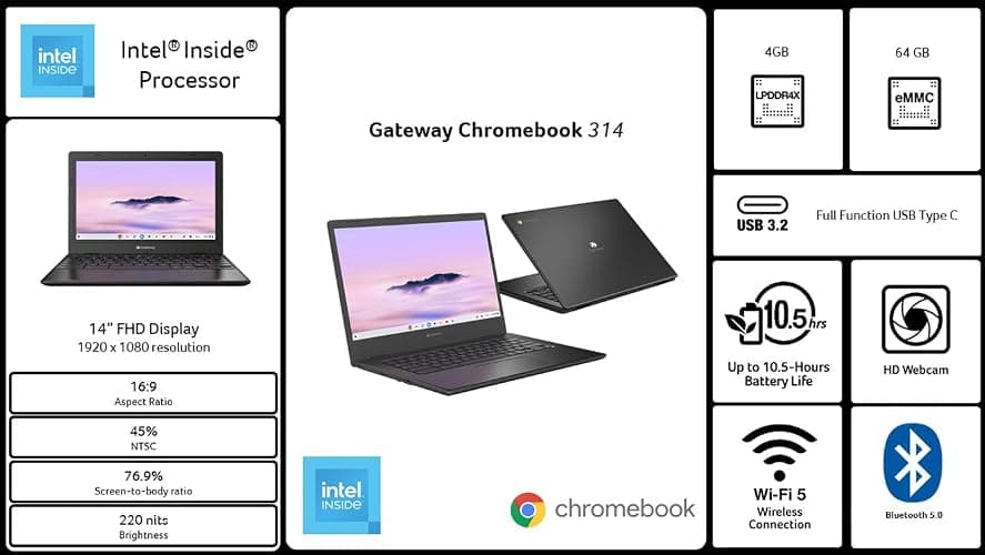 acer Gateway Chromebook 314 CBO314-1H-C476 Laptop | Intel Celeron N4500 | 14" Full HD (1920 x 1080) Display | 4GB LPDDR4X | 64GB eMMC | Wi-Fi 5 802.11ac | Chrome OS | Star Black thumbnail 6