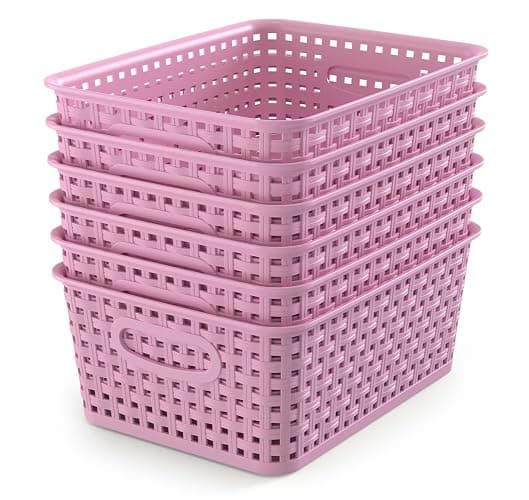 WYT 6-Pack Plastic Small Shelf Storage Weave Baskets Organizing for Cabinets and Pantries, Lavender Purple - Image 1