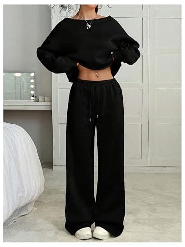 SOLY HUX Women's 2 Piece Outfits Fall Sweatsuits Off The Shoulder Crop Top Wide Leg Sweatpants Casual Matching Lounge Sets thumbnail 4