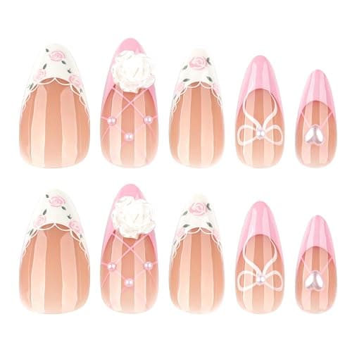 XZMeiLun Handmade 3D Flower Pearl French Tips Press On Nails Almond Medium, Floral Bow French Tip Designer Reusable Acrylic Fake Nails With Cute Glue On Nails, Daily Wear Nails For Women Girls thumbnail 2