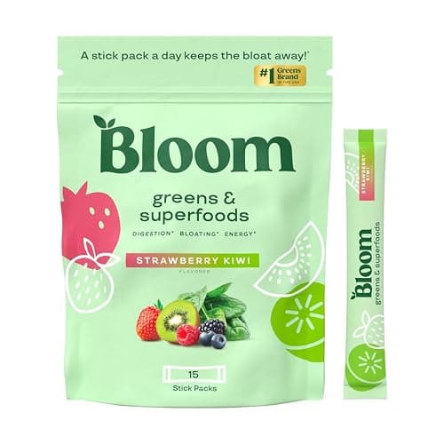 Bloom Nutrition Greens and Superfoods Powder Packets for Digestive Health, Greens Powder, Digestive Enzymes, Probiotics, Spirulina, Chlorella for Bloating & Gut Support, 15 Stick, Strawberry Kiwi - Image 1