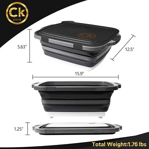 CK GOLD Collapsible BBQ Prep Tub - Includes Cutting Board, LOCKING Lid & Strong Drain Hole for Meal Prep & Marinating | BPA-Free, Food-Grade BBQ & Meat Prep Tubs, Best Grilling Gifts (Black, 8 L) thumbnail 3