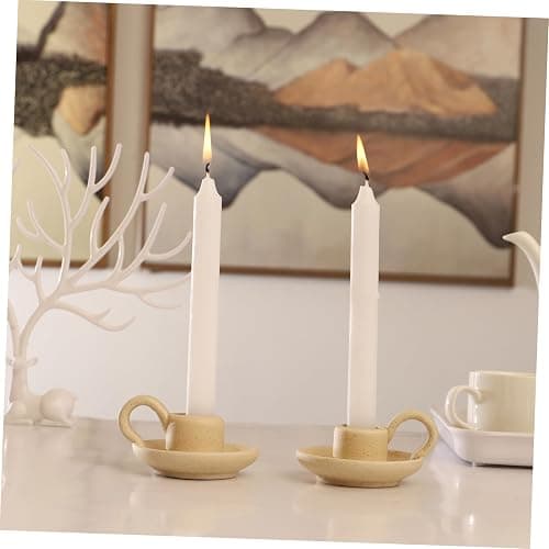 DOITOOL 2 Pcs Ceramic Candle Holder, Taper Candle Holder with Handle, Nordic Style Vintage Candlestick Holder for Halloween Christmas Home Decoration Desktop Ornament (Beige) thumbnail 5