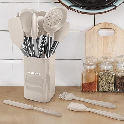 Kitchen Utensil Set-Silicone Cooking Utensils-33 Kitchen Gadgets & Spoons for Nonstick Cookware-Silicone and Stainless Steel Spatula Set-Best Kitchen Tools, Useful Pots (Khaki) thumbnail 2
