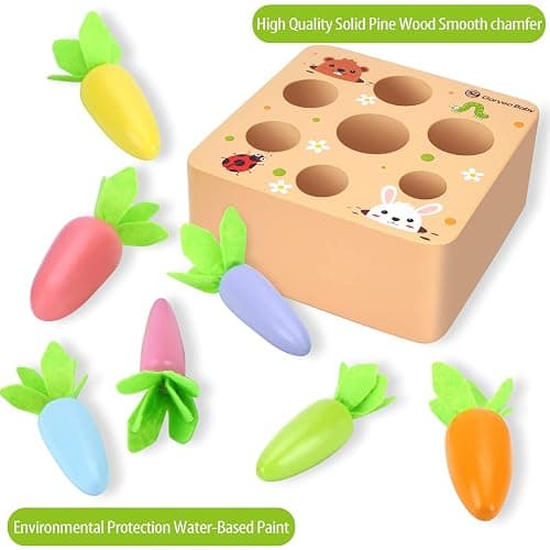 KMTJT Montessori Toys for 1 2 3 Year Old Toddlers, Macron Carrot Harvest Game Wooden Toys for Baby Boys and Girls, Educational Learning Shape Sorting Matching Gifts for Babies 1-3 thumbnail 4