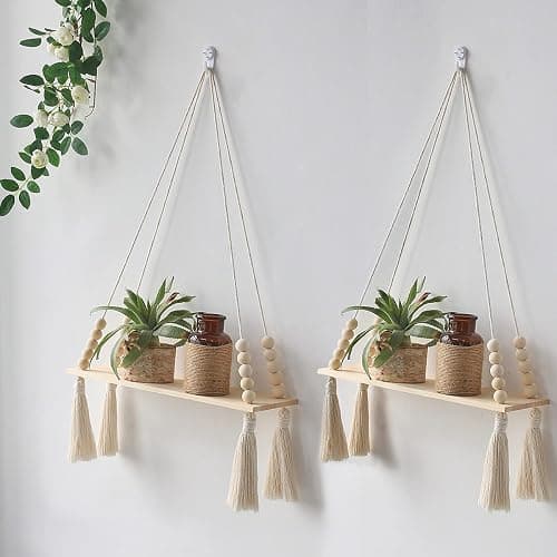 Artilady 2 Pack Wooden Wall Hanging Shelves - Macrame Hanging Plant Shelf with Tassel,Boho Storage Floating Shelves Handmade Rustic Hanger Planter Rack Pot Stand Holder - Image 1