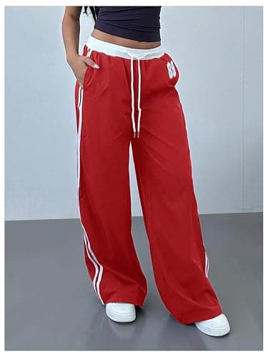 WDIRARA Women's Wide Leg Baggy Sweatpants Side Striped Number Graphic Track Pants with Pockets thumbnail 6