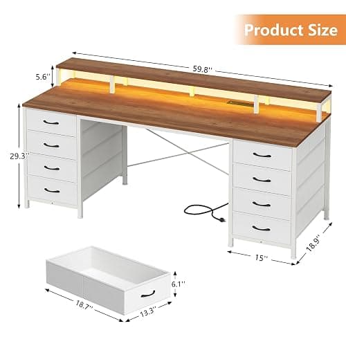 60" Computer Desk with 8 Drawers & Monitor Stand for Home Office, Bedroom | Gaming Desk with LED Lights & Power Outlets, Home Office Desk with 8 Fabric Drawers, Brown & White thumbnail 2
