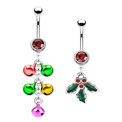 FLOGWE 316L 2 PCS Christmas Dangle Mistletoe Belly Button Rings 14G Stainless Steel Jingling Bell Navel Rings for Women Belly Piercing Jewelry thumbnail 9