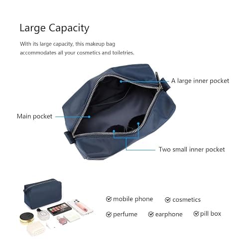 YONBEN Organizer Bag Lightweight Cosmetic Bag with Ring Clasp Perfect Travel Makeup Bag for Women nylon Stand Up Design (Navy Blue/Nylon) thumbnail 5