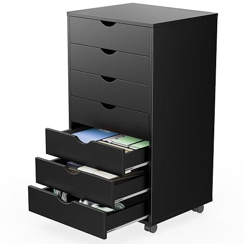 Sweetcrispy 7 Drawer Chest Mobile Storage Cabinets Wooden Dresser with Wheels Room Organization Furniture for Office Home, Black Wood - Image 1