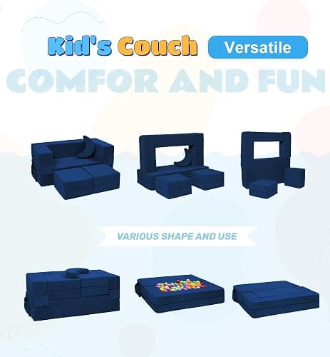 Elftopia Modular Kids Sofa,Toddler Couch Foam Armchair for Kids, Children Convertible Plush Sofa Play Set,Fold Out SofaBed(Navy) thumbnail 3