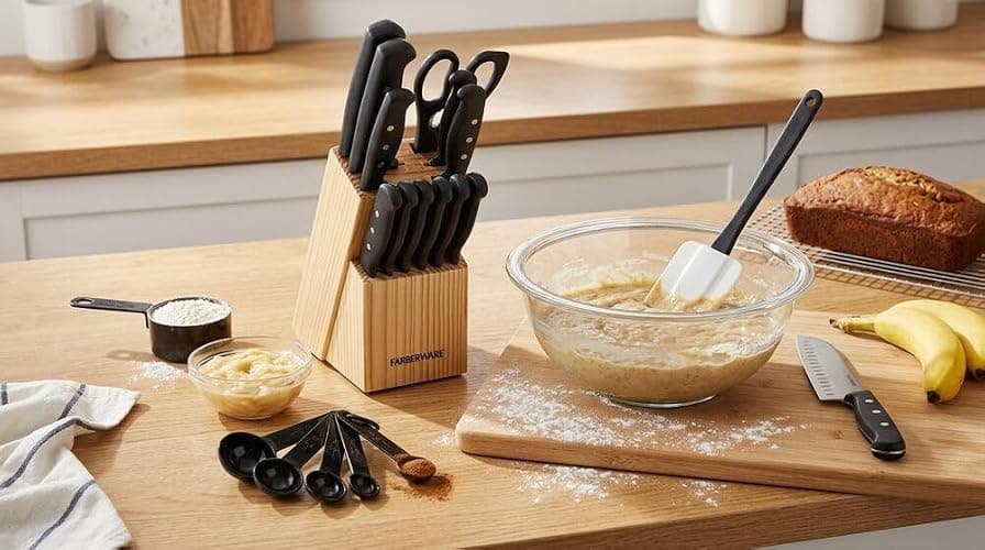 Farberware Knife Block Set 22-Piece Kitchen Knife Set with High-Carbon Stainless Steel Blades, Non-Slip Handles, Chef Knife, Santoku, Steak Knives, Scissors, Sharpening Steel, and Storage Block thumbnail 9