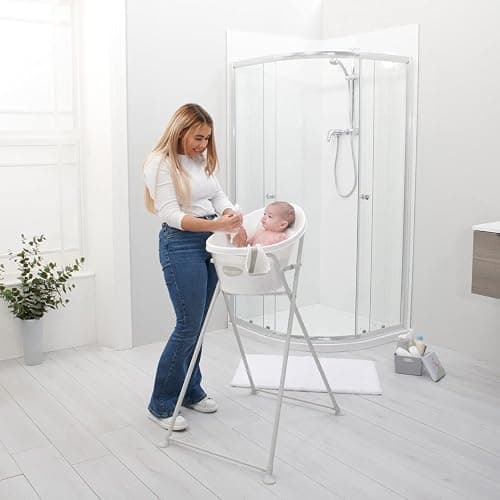 Shnuggle Newborn Baby Bath | Built in Support Bump and Soft Backrest | Suitable from Newborn | Bath Seat Support Includes Plug | White with Grey backrest & New Folding Bath Stand thumbnail 6