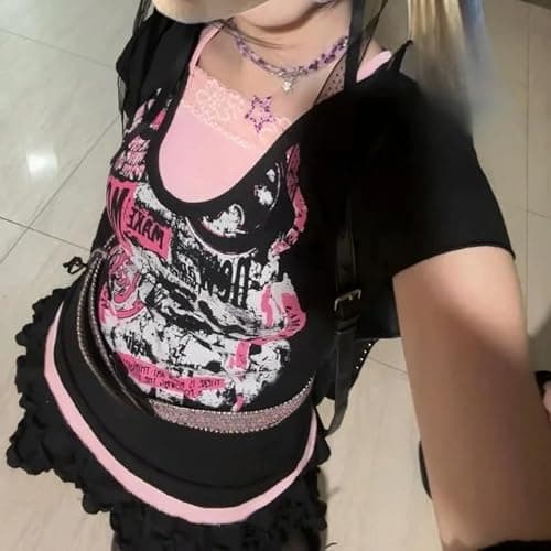 Kawaii Cutecore Harajuku Y2k 2000s Tops Summer Preppy Aesthetic Alt Goth Emo Short Sleeve Graphic Tees thumbnail 2