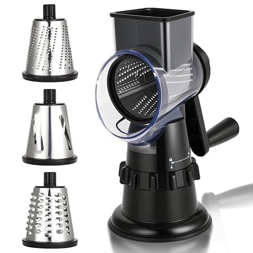 Rotary Cheese Grater Hand Crank, Vegetable Slicer with 3 Blades, Stable Suction, Labor-Saving Handle, Cheese Shredder for Potato Vegetables Nuts Chocolate, Black - Image 1