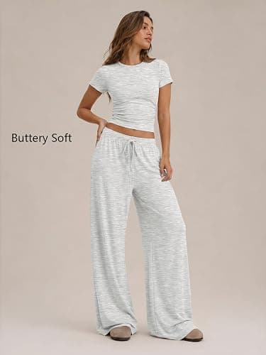 Trendy Queen Women's 2 Piece Matching Summer Lounge Set with Pockets | Vacation Airport Travel Outfits, Workout Gym Clothing Comfy Athleisure Clothes, Side-ruched Top, Drawstring Wide Leg Pants thumbnail 2