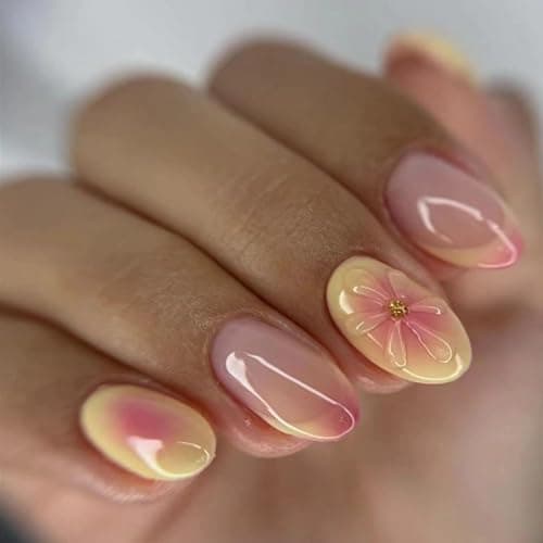Press on Nails Short Almond SWEKKE French Tip Fake Nails False Nails with Designs 3D Flower Yellow & Pink Stick on Nails Glossy Glue on Nails Acrylic Nails for Women Girls 24 Pcs - Image 1