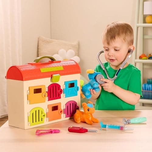 B. Toys Critter Clinic Vet Set, Portable Lock and Key Pet Care Toy | Portable animal hospital with 6 rooms, 6 matching keys, 5 tools, 2 plush pets, and built-in storage for pretend, 2+ Years thumbnail 8