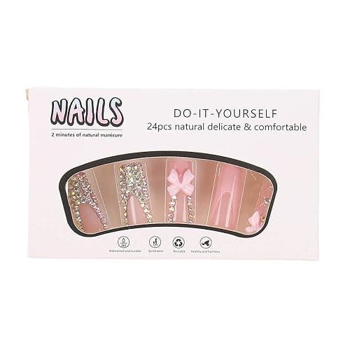 RUOKEXIN Long Square Press on Nails - French Tip False Nails Pink, Bow Rhinestone Designs, 24Pcs thumbnail 4