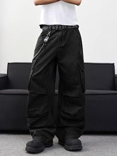 DFGIGT Mens Denim Baggy Pants with Cargo Pockets Mid Weight Casual Streetwear Wide Leg Jeans Hip Hop Skater Trousers thumbnail 4