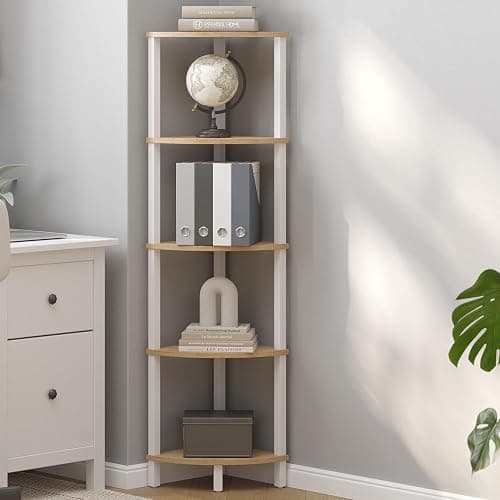 VIMBER Corner Shelf, 5-Tier Corner Bookshelf, Industrial Corner Ladder Shelf, Rustic Display Shelf for Living Room, Bedroom, Kitchen, Home Office, White and Nature Wood Color UJSJ001Q - White and Nature Wood - 5-Tier thumbnail 2